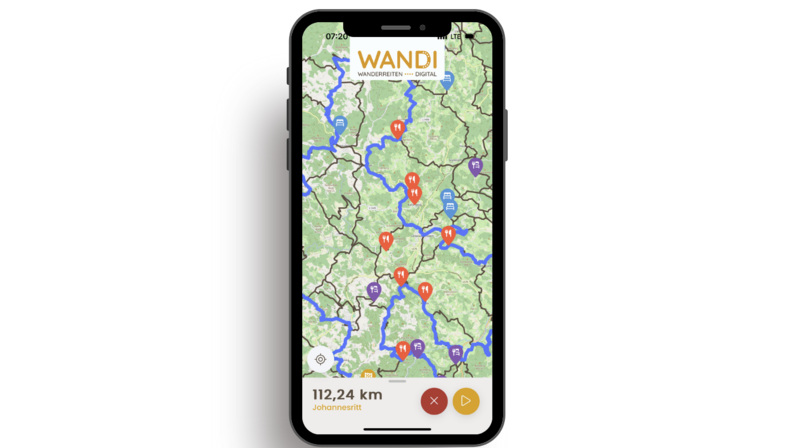 Mock Up Ansicht der WANDI App am Smartphone einer geplanten Route