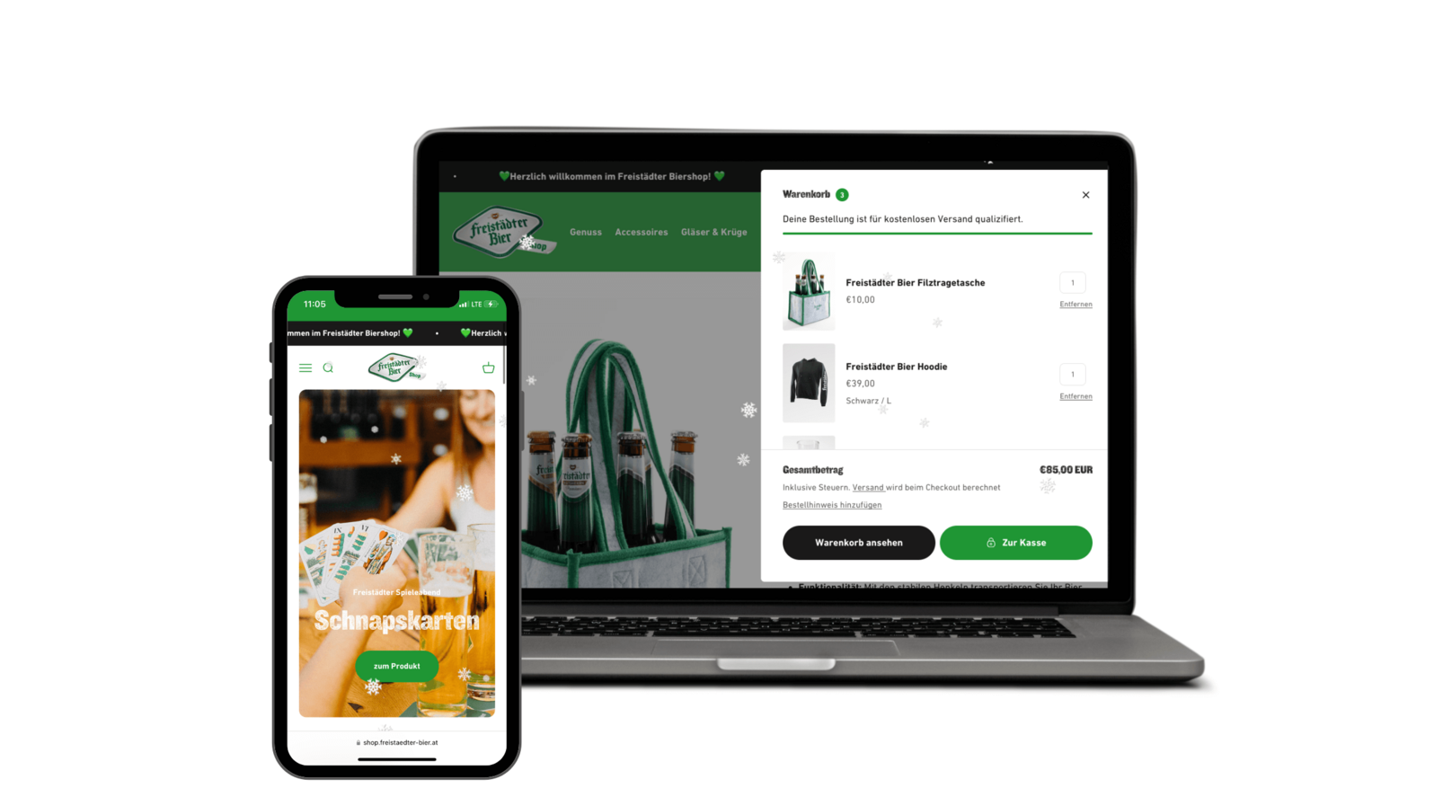 iPhone und MacBook Screen MockUp vom neuen Freistädter Bier Fan Shop