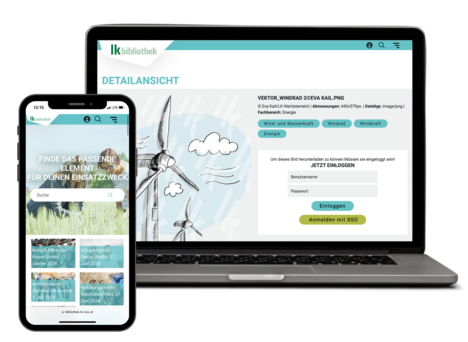 Screen Mock Up LWK NOE Bibliothek am Smartphone und am Laptop