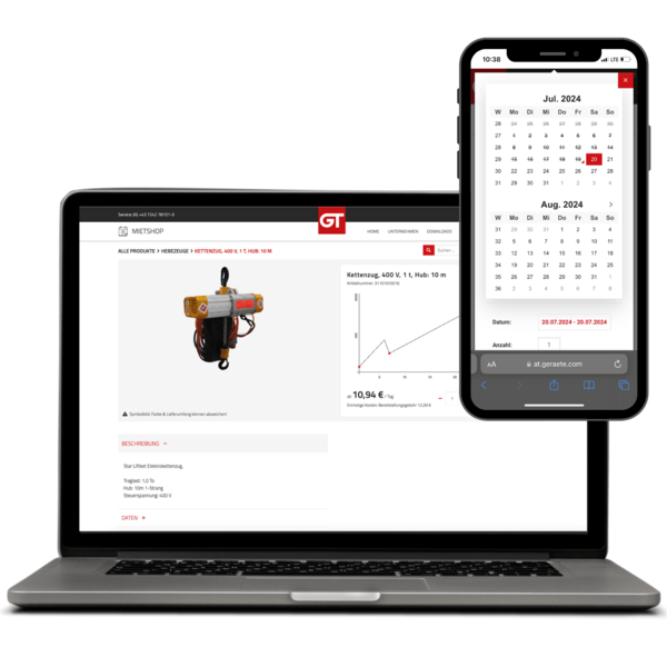 Screen MockUp Laptop und Smartphone Produktauswahl und Mietzeitraum