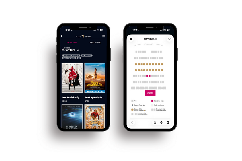 Screen Mock Up Star Movie App, umgesetzt mit Ionic, am Screen sichtbar Kinoprogramm und Sitzplan Reservierung