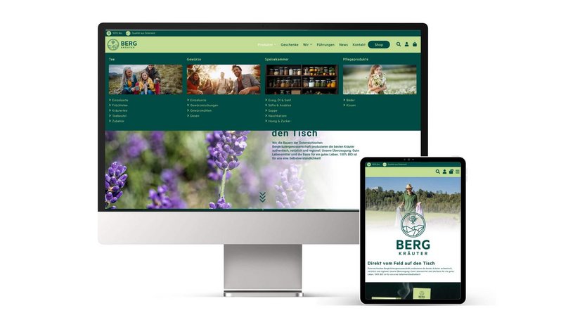 MockUp Bergkräuter Onlineshop Bildschirm und Tablet